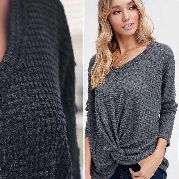 Charcoal Twist Tie Front Top Waffle Knit - Picture 4 of 9